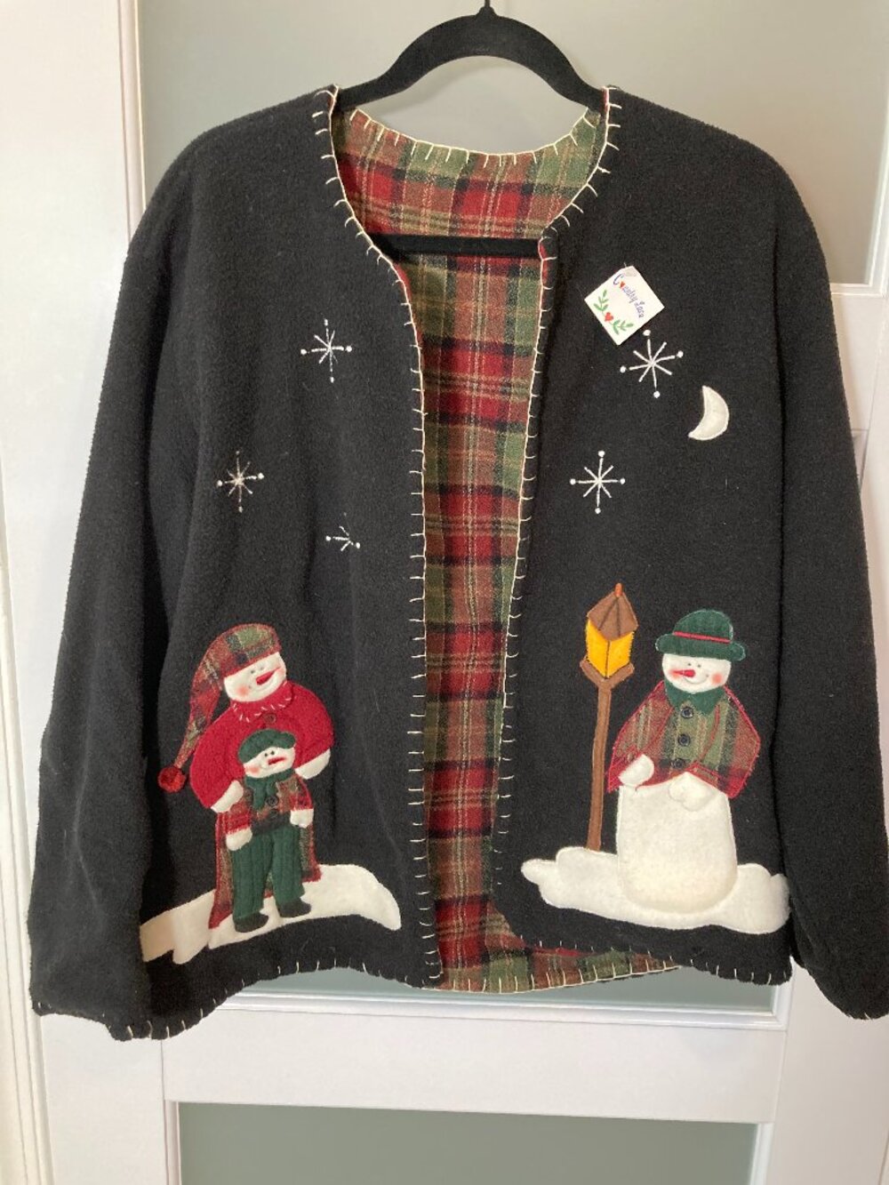VTG 90s Country Lace Reversible Snowman Christmas Fleece Jacket - no size L/XL?